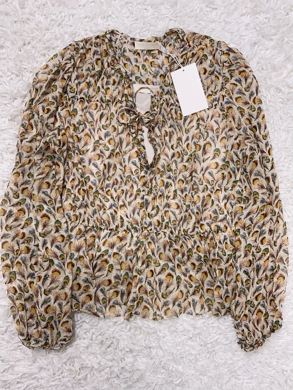 NWT $520 Ulla Johnson Robbie Feather-Print Silk Tie-Front Blouse
